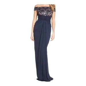 ADRIANNA PAPELL FORMAL OFF SHOULDER SEQUIN LACE&TULLE NAVY ROSE GOLD DRESS SZ 6